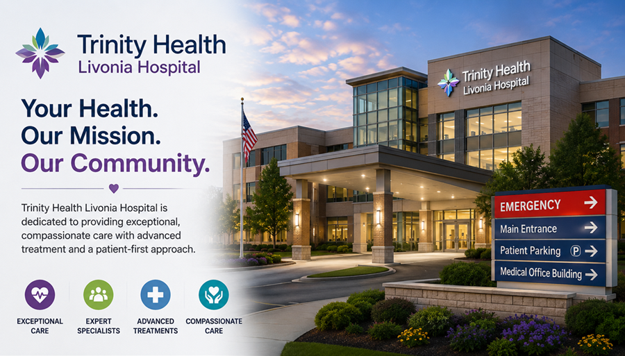 Exterior view of Trinity Health Livonia Hospital showcasing its modern healthcare facilities and patient-centered medical services.