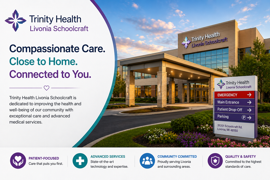Modern exterior of Trinity Health Livonia Schoolcraft medical facility providing comprehensive healthcare services in Livonia, Michigan.